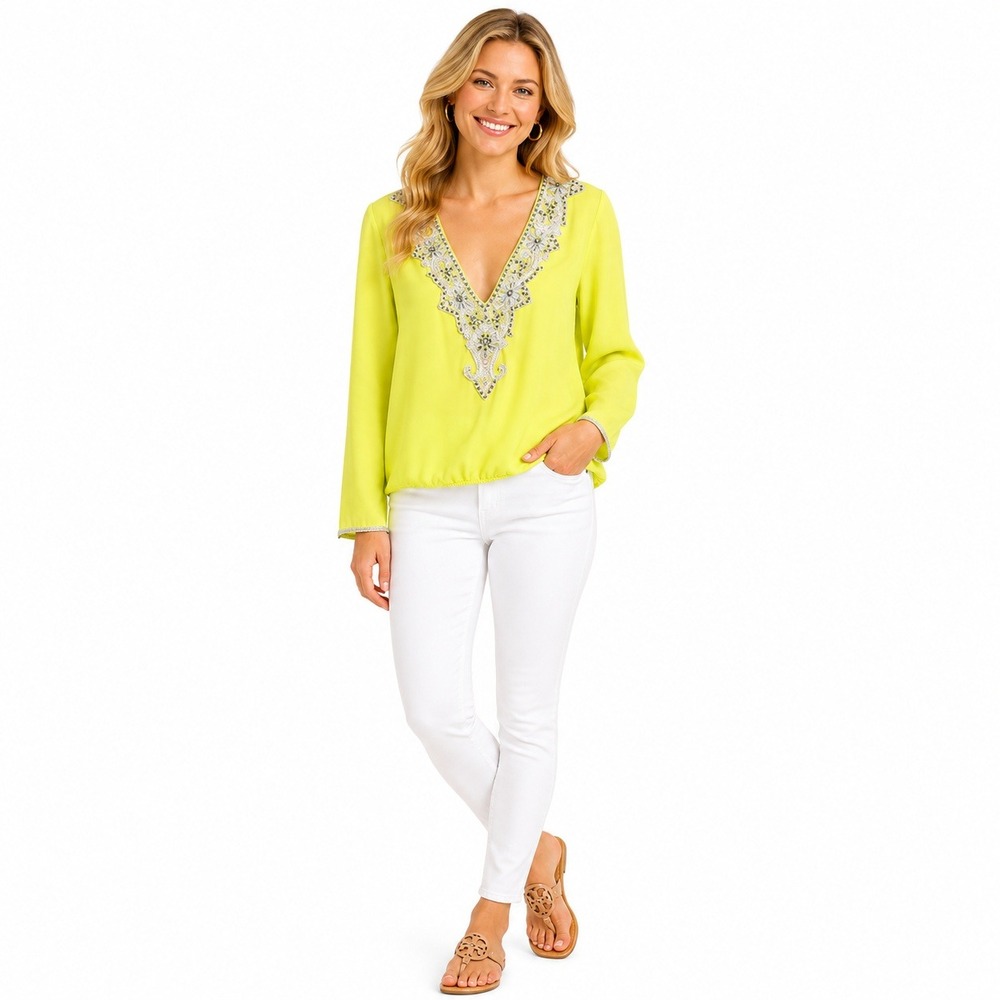 TAJ by Sabrina Crippa Blouse Women S Neon Yellow Beaded V-Neck Silk Blend Boho